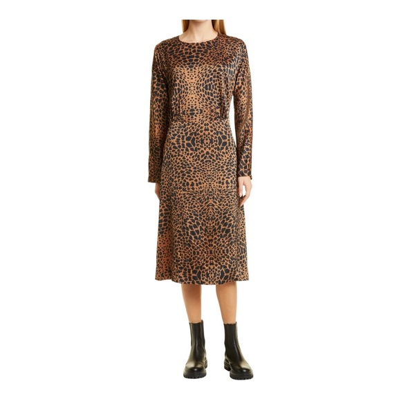 Hugo Boss Size 8 Darkea Long Sleeve Animal Print Midi Satin Dress - Picture 1 of 6